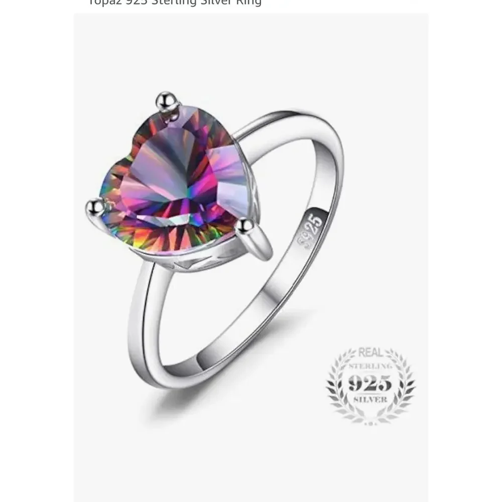 925 Sterling Silver Heart Rainbow Crystal Ring Size 9 Platinum Plated New